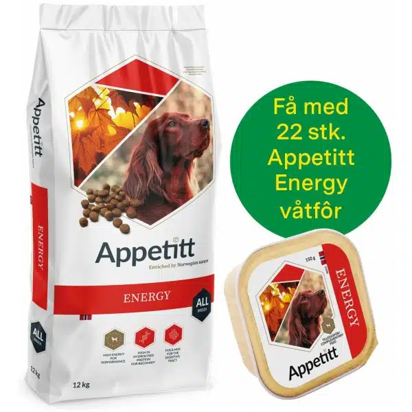 Appetitt Energy hundefôr 12 kg + 22 stk Energy våtfôr