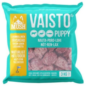 MUSH Vaisto Isblå Puppy Storfe, Rein og Laks 3kg Kjøttboller